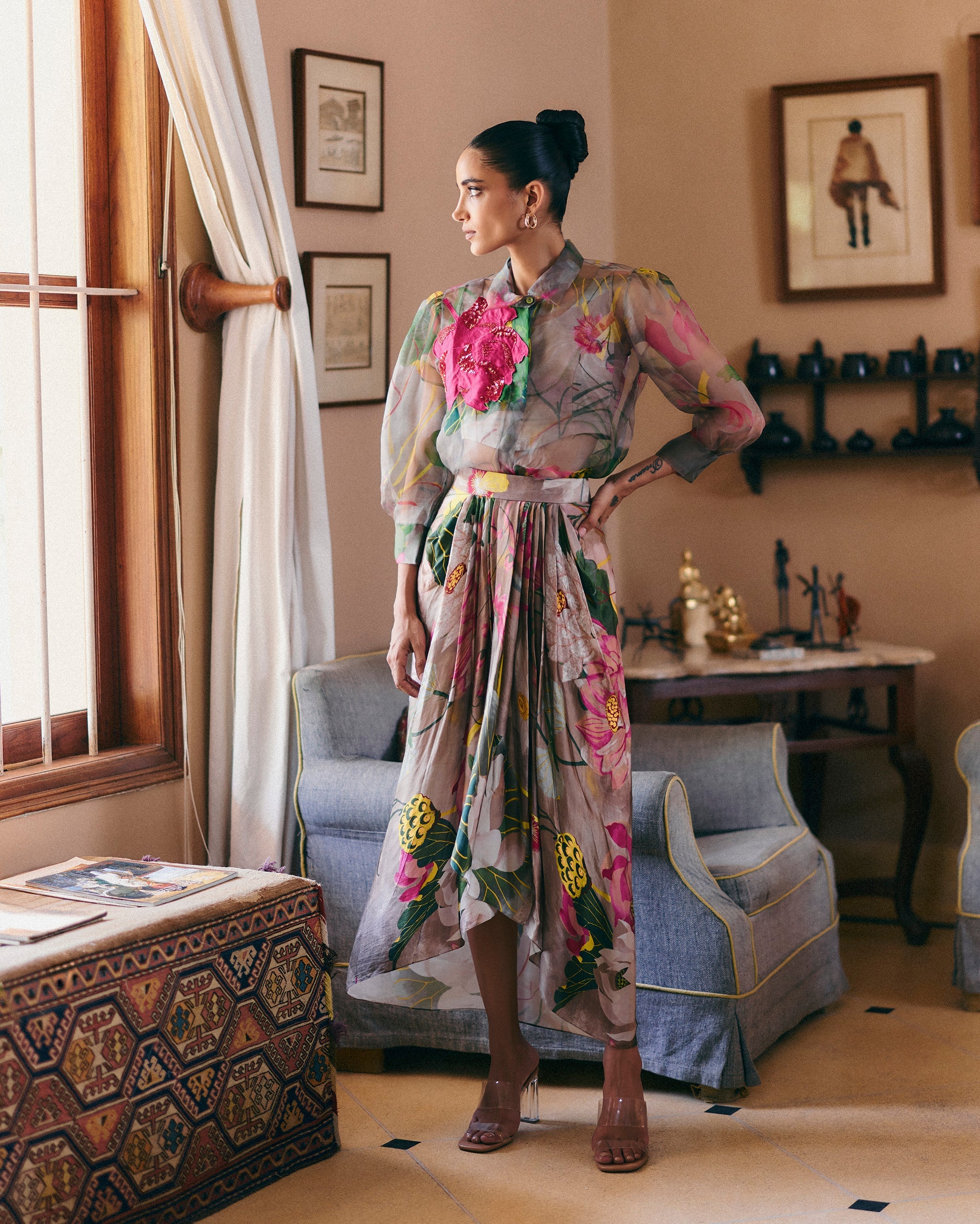 Lotus Organza Shirt Set With Pleated Skirt
