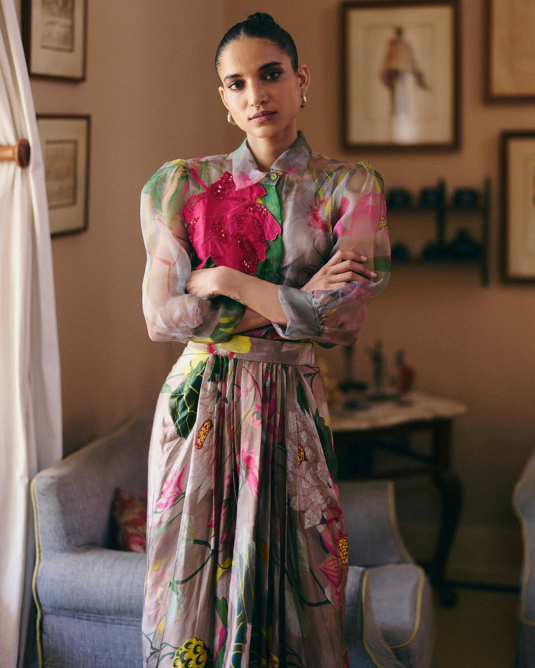 Lotus Organza Shirt Set With Pleated Skirt