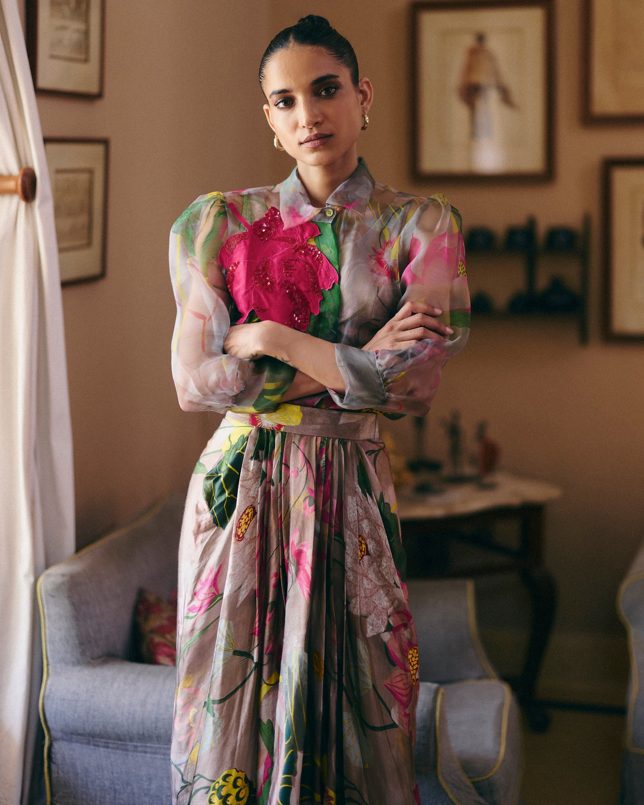 Lotus Organza Shirt Set With Pleated Skirt