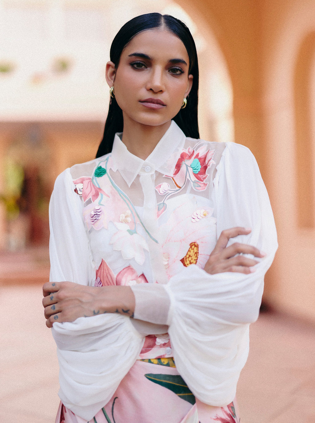Lotus Crop Shirt With Slit Skirt