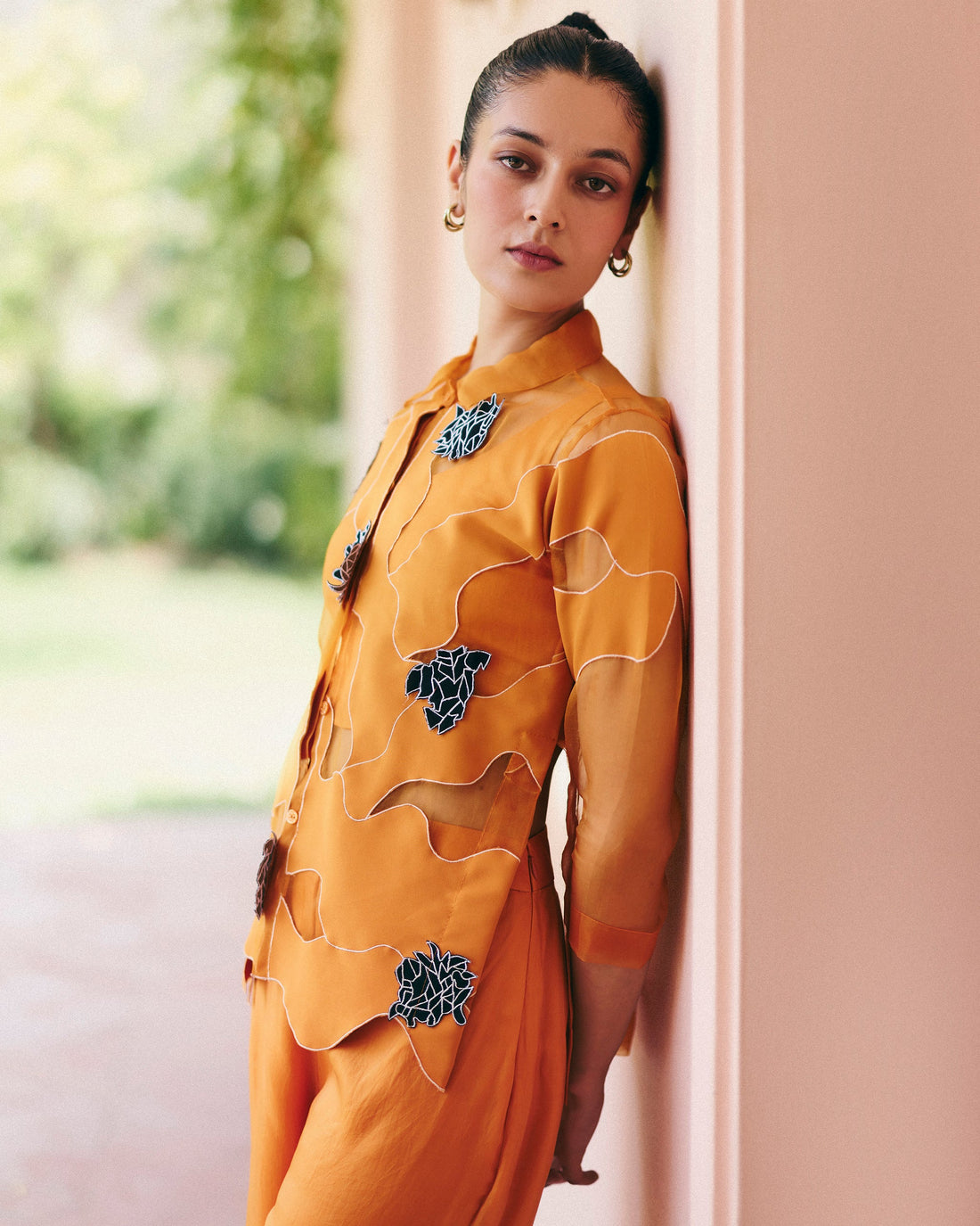 Orange Organza Swirl Shirt Set With Pants