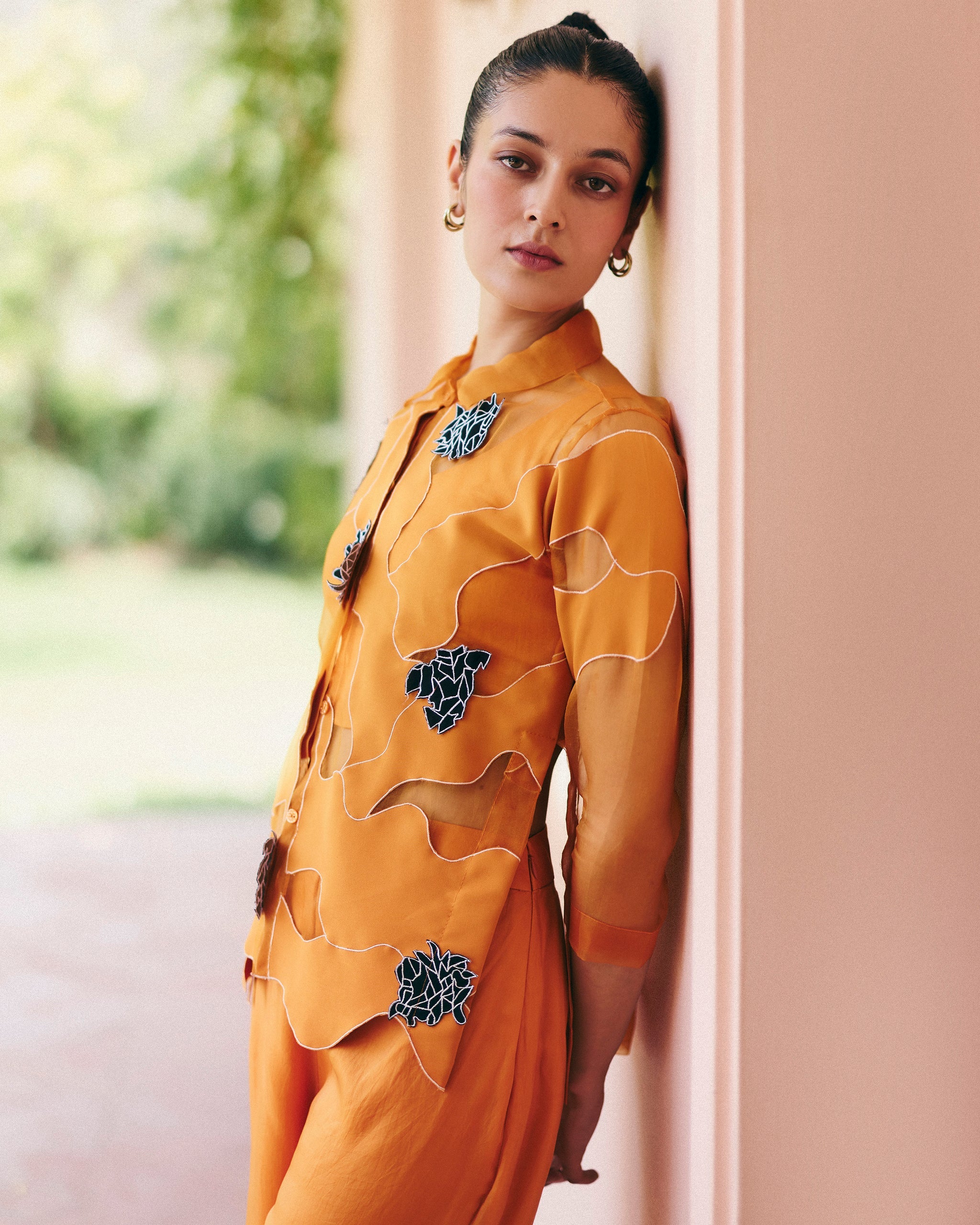 Orange Organza Swirl Shirt Set With Pants