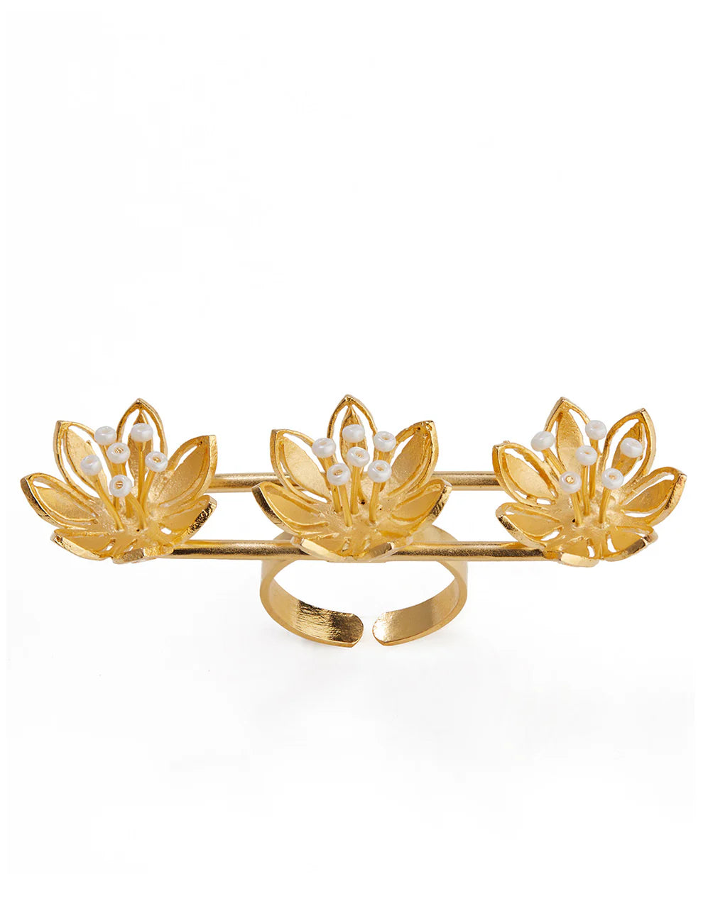 Pearly Golden Flower Three-Finger Ring